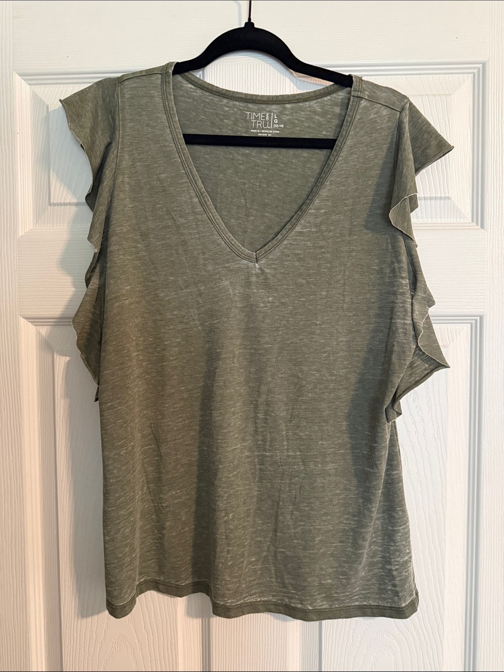 Time and Tru Olive Ruffle Sleeve V-Neck Tee